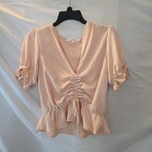Love Tree Short Ruffle Sleeve Gathered Tie Front V-neck Top Peach Sz M Boho Crop